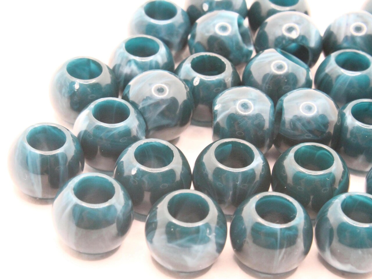 30 12mm Blue and Gray Swirl Large Hole Round Plastic Beads bE1